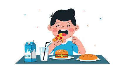 Happy young boy sitting at a table and enjoying a meal consisting of a pizza slice, a burger, bread, and a carton of milk.