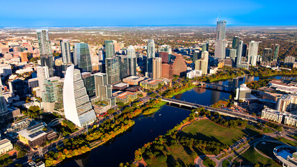 Naklejka premium Austin skyline panorama. Wide aerial panorama of downtown Austin skyline and river.