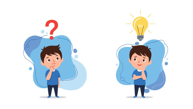 Two-panel illustration of a young boy looking confused with a question mark and then smiling with a bright yellow lightbulb for a new idea.