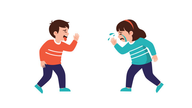 Rude young boy stick out his tongue and teases a upset girl who is crying with tears streaming down her face in a conflict.