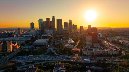 Fototapeta premium Aerial view of downtown Los Angeles skyline. Drone view showing dense downtown Los Angeles skyline and urban grid.