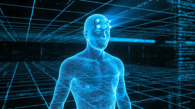 A mesmerizing digital representation of a human standing in a futuristic cyberspace grid, wearing advanced brain-computer interface sensors on the forehead, signifying artificial intelligence and