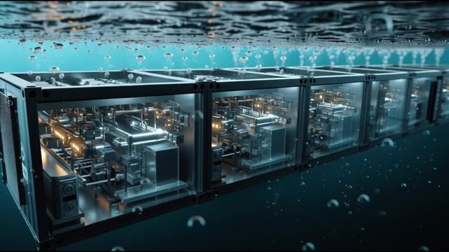 Underwater data center subsea cooling. Data center oceanic infrastructure. An underwater view of a futuristic machine encased in transparent containers.