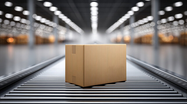 Cardboard box on conveyor belt in large warehouse with dramatic lighting and blurred background