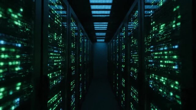 Server room photo with glowing green lights on data racks in a dark corridor for technology and IT infrastructure advertising