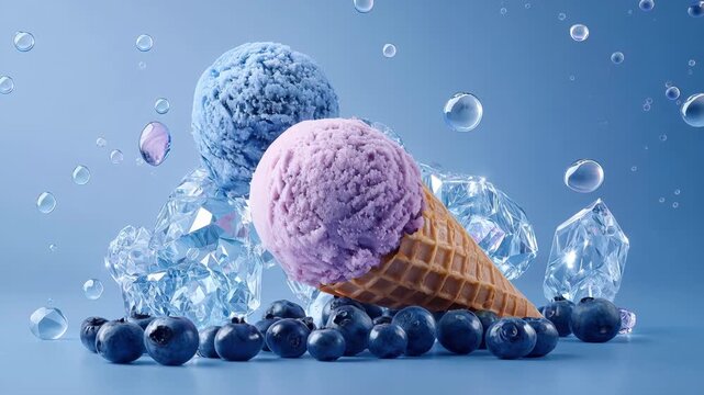 Pastel berry ice cream cone on crystal ice with floating bubbles and blueberries in cool blue studio