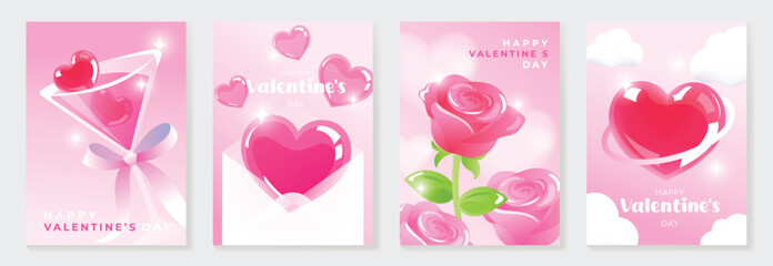 Happy Valentine's Day romantic rose vector card set with red heart, pink roses, cute hearts and soft gradient background. Sweet design for greeting cards, posters, invitations and packaging.