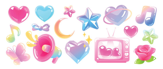 Y2K Valentine icon vector set with retro TV, music note, stars, crescent moon and glossy hearts in pink and pastel tones. Trendy design for stickers, posters, cards and apps.