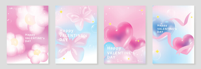 Naklejka na ściany i meble Happy Valentine's Day dreamy heart vector poster set with blush pink background, glitter sparkle, floating balloons and soft light effects. Romantic design for posters, invites, cards and web.