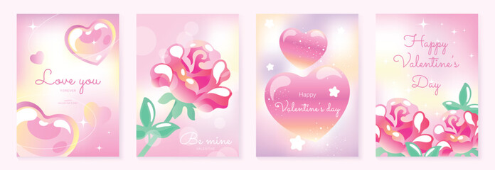 Happy Valentine's Day rose and heart vector poster set with pink flowers, love text, sparkles and soft pastel background. Romantic design for posters, greeting cards, invitations and prints.