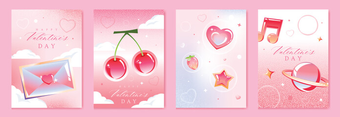 Fototapeta na wymiar Y2K Valentine postcard vector set with envelope, cherries, music note, stars and heart ring in pink pastel colors. Modern design for cards, posters, stickers and social media.