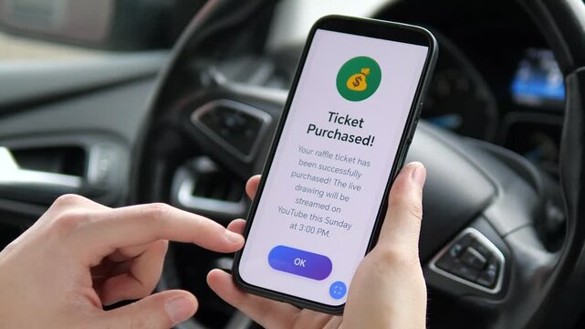 Cinematic mobile app sequence: purchasing a lottery ticket. User clicks buy, processing screen, and purchase confirmation. Trendy UI design. Ideal for fintech, gaming, and digital marketing videos