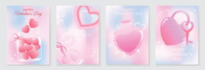 Fototapeta premium Happy Valentine's Day cute heart lock vector poster set with pastel pink and blue gradients, floating hearts and shimmer highlights. Lovely design for posters, cards, banners and social.