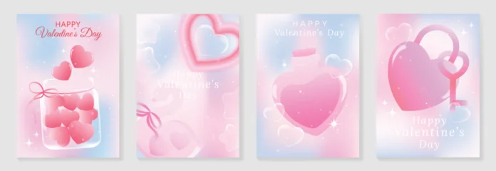 Fotobehang Karaktertjes Happy Valentine's Day cute heart lock vector poster set with pastel pink and blue gradients, floating hearts and shimmer highlights. Lovely design for posters, cards, banners and social.  © TWINS DESIGN STUDIO