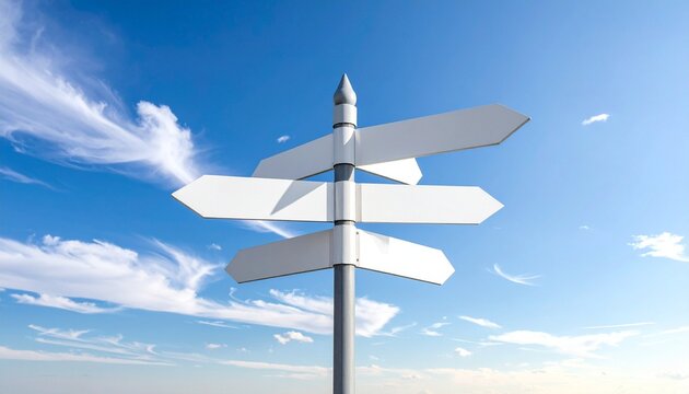 Blank signpost with six arrows pointing in different directions under bright blue sky, symbolizing choices, uncertainty, and multiple paths in decision-making.