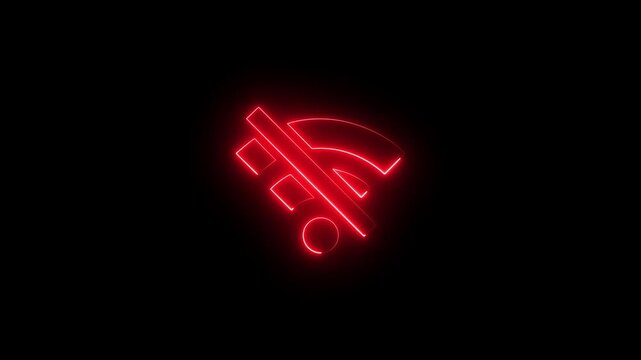 Red color neon no-WIFI offline  disconnected signal icon animation. 4k video on black background.