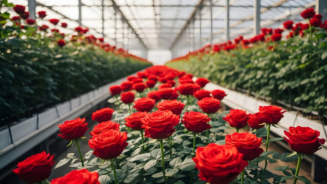 Commercial rose cultivation with shallow depth of field and clean agricultural composition.