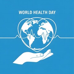 World health day graphic with a globe and a hand symbolizing care and support