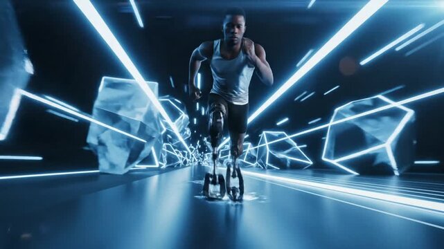 Athletic bionic competitor with prosthetic limb sprinting in full stride against a futuristic neon blue geometric background featuring digital motion patterns and glowing light.