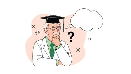 Obraz premium Senior scientist in a white lab coat and graduation cap thinking with a question mark and a large empty thought bubble for customized content.