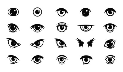 Assortment of Black and White Cartoon Eyes and Eyebrows for Characters anime