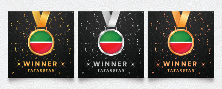 Celebrate victory with this Republic of Tatarstan winner set featuring gold, silver and bronze medals with the national flag design, set against a dark background with confetti and sparkles