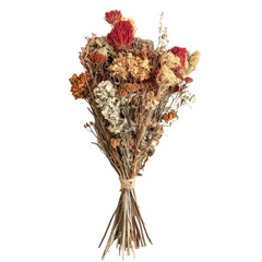 Naklejka premium A dried flower arrangement with a variety of dried flowers and twigs on a white background.