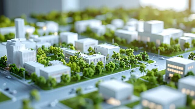 緑に囲まれた白い街区模型が持続可能な都市計画を象徴