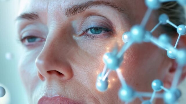 Mature woman skin rejuvenation concept: Extreme close up of face with molecular structures and glowing golden particles showing collagen serum action.