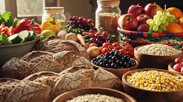 Abundant assortment of nutritious organic produce including fresh fruits vegetables whole grains and artisanal bread displayed on rustic wooden table background for healthy lifestyle concept