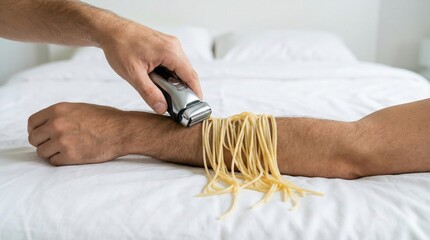 Naklejka premium Humorous surreal photo of shaving arm with spaghetti,creative conceptual art combining daily routine and absurd food twist in a playful visual metaphor