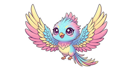 Obraz premium A whimsical, cartoon-style bird with vibrant pastel rainbow-colored feathers and large, expressive eyes, captured mid-flight with its wings spread wide.
