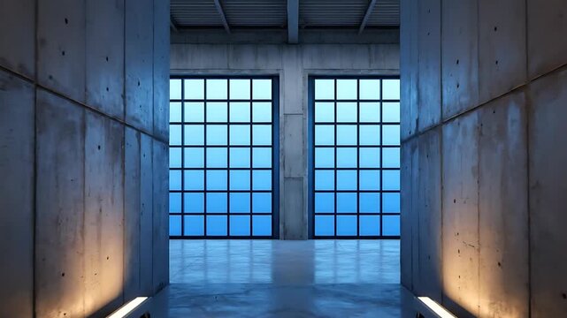 A futuristic industrial corridor with large grid windows, reflecting blue light, and illuminated floor pathways, captured in a serene, still image from a central viewpoint.