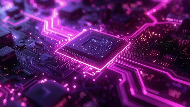 紫色に発光する回路と中央チップが印象的な未来的基板ビジュアル
