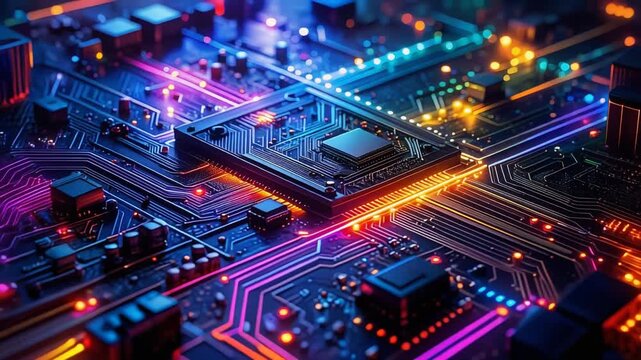 多色の光が走る高密度回路基板が先端テクノロジーを強調する情景