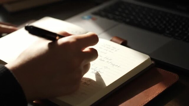 Person writing notes journal daily planning business strategy creative process work from home environment laptop technology background