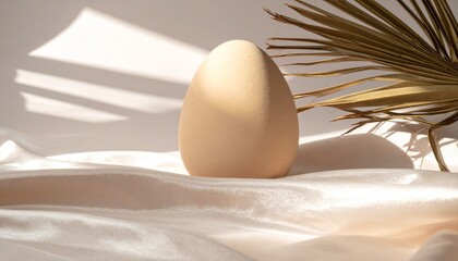 Minimalist Still Life Featuring a Single Beige Egg on Luxurious Silk Fabric with Dried Palm Leaf and Elegant Sunlight Shadows