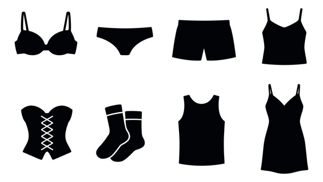 Simple silhouette undergarment and loungewear set featuring a bra, panties, boxer shorts, camisole, corset, socks, tank top, and slip dress for apparel and fashion design