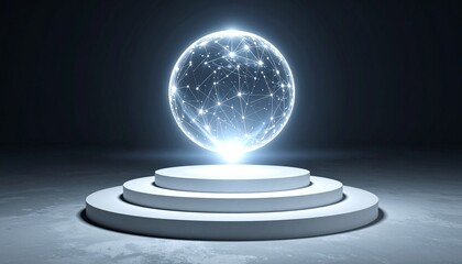 Glowing Neural Network Sphere Floating Above Circular Podium in Dark Studio for Global Connectivity and Big Data Artificial Intelligence Concept