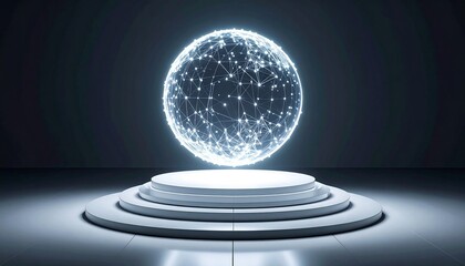 Glowing Neural Network Sphere Floating Above Circular Podium in Dark Studio for Global Connectivity and Big Data Artificial Intelligence Concept