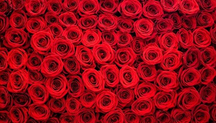 Dense Top-Down Background of Vibrant Red Roses in Full Bloom for Romantic, Valentine&rsquo;s Day, and Floral Anniversary Concept