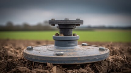 Fototapeta premium Underground agricultural irrigation smart valve system emerging from soil in a rural field