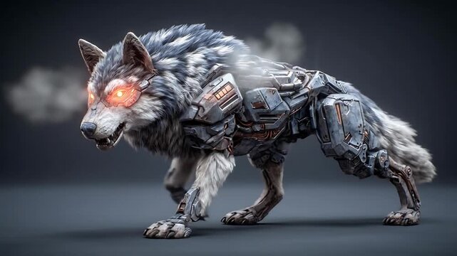 Cybernetic wolf hybrid stands ready for action on dark floor, glowing red eye, futuristic armor