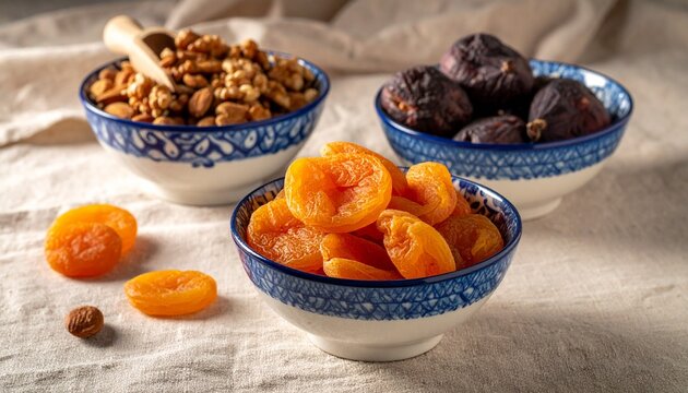 Assortiment de fruits secs sains (abricots, figues) et noix dans des bols en c&eacute;ramique bleue sur une nappe en lin, collation pour le Ramadan