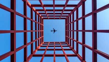 Low-Angle Upward View of a Commercial Airplane Flying Over a Red Symmetrical Grid Structure Against a Bright Blue Cloudy Sky