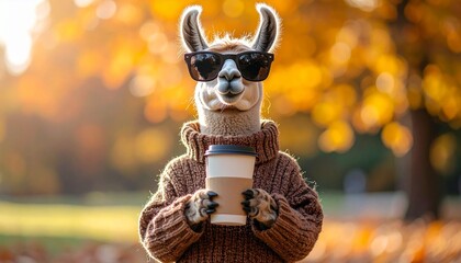 Cool Llama Wearing Sunglasses and a Brown Knitted Sweater Holding a Coffee Cup in a Sunny Autumn Park Background