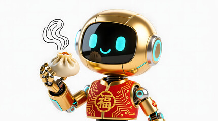 Naklejka premium A cute white AI robot wearing a traditional red Tang suit with a golden lucky symbol.