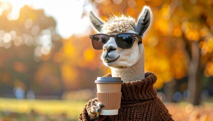 Cool Llama Wearing Sunglasses and a Brown Knitted Sweater Holding a Coffee Cup in a Sunny Autumn Park Background