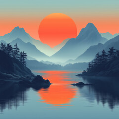 Serene sunset over tranquil mountain lake landscape