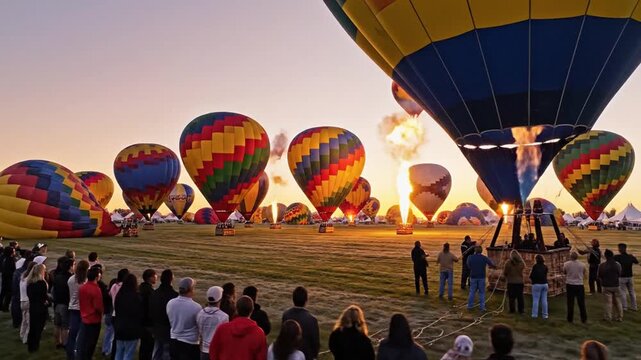 A serene scene of numerous hot air balloons being inflated at sunrise, with onlookers gathered